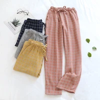 japanese plaid pajamas womens spring and autumn cotton gauze trousers washed crepe summer loose couple home pants sleepwear