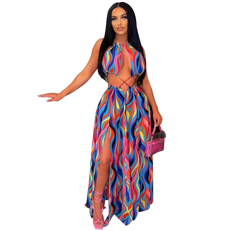 

Летнее Длинное платье для женщин, Холтер, открытая спина, высокая талия, халаты 2022, Модное Новое сексуальное открытое Пляжное Платье макси с ...