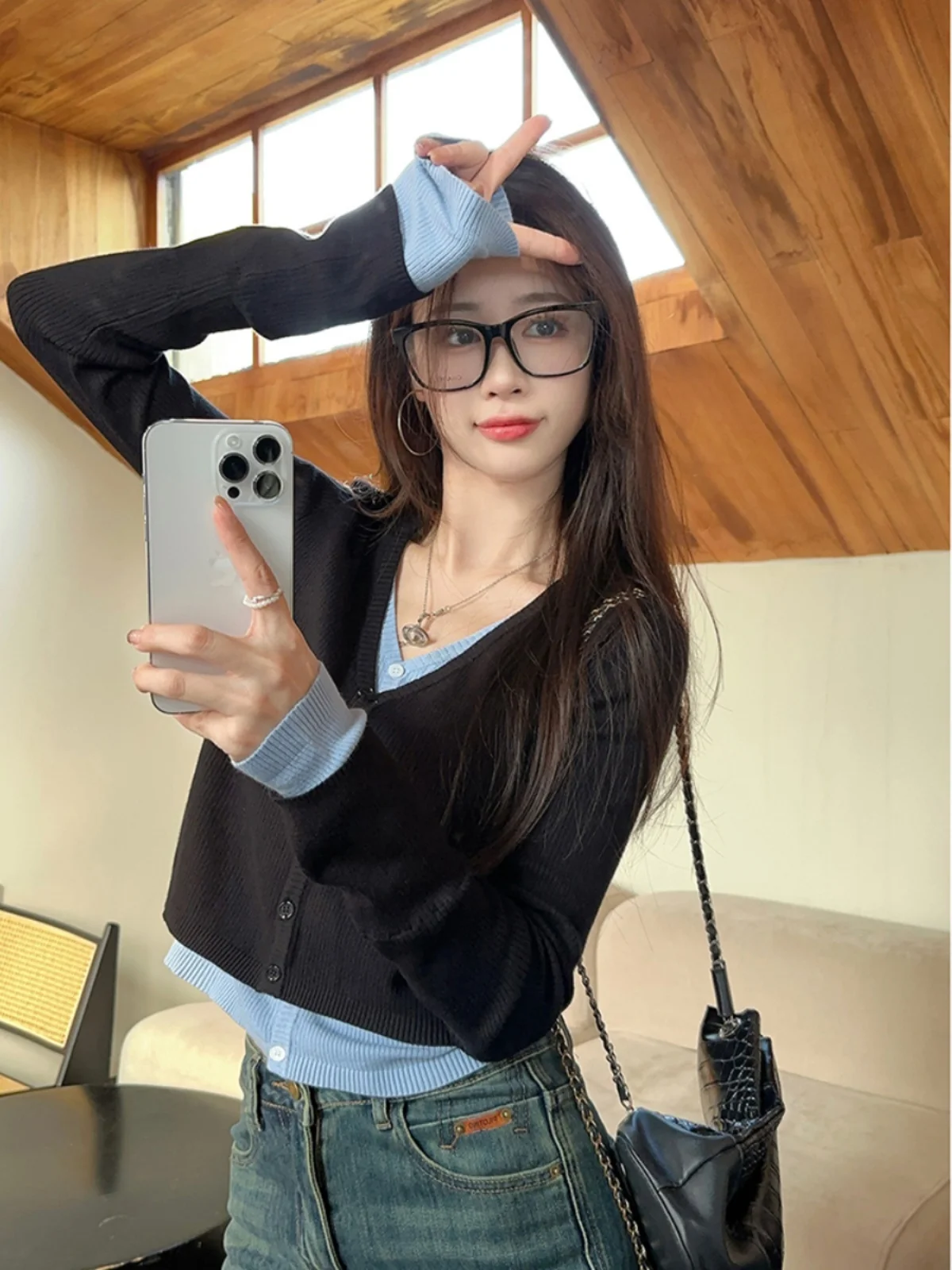 Контрастный Женский трикотажный топ в стиле пэчворк с длинными рукавами осень 2024