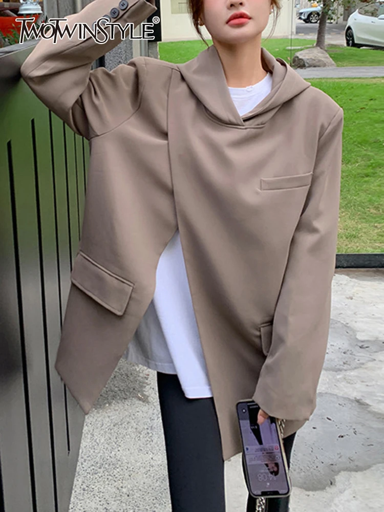 

TWOTWINSTYLE Solid Minimalist Blazers For Women Hooded Long Sleeve Irregular Casual Temperament Blazer Female Fashion Chic 2023