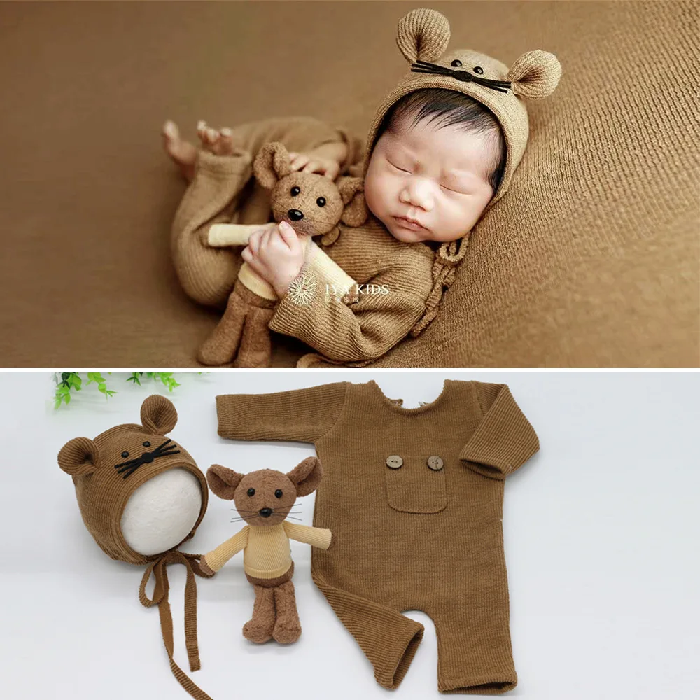 Cross-border new newborn photography clothing baby soft knitted jumpsuit + hat + doll mouse three-piece set