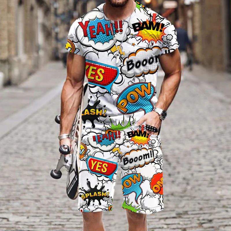 Summer Men's T-Shirt Set Hip Hop Funny Short Sleeve T-Shirt Shorts 2-piece Tracksuit Colorful Casual Sports Suit Unisex Clothing