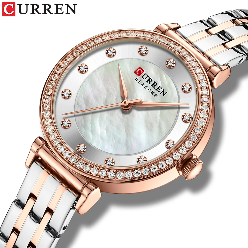 

CURREN простые элегантные кварцевые наручные часы для женщин с Стразы циферблатом из нержавеющей стали с серебристой розой