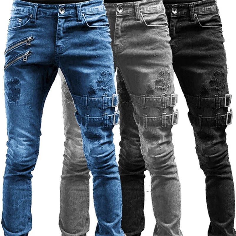 

Men Stretchy Ripped Skinny Biker Solid Color Zippers Decorative Jeans Destroyed Hole Slim Fit Denim Scratched High Quality Jean
