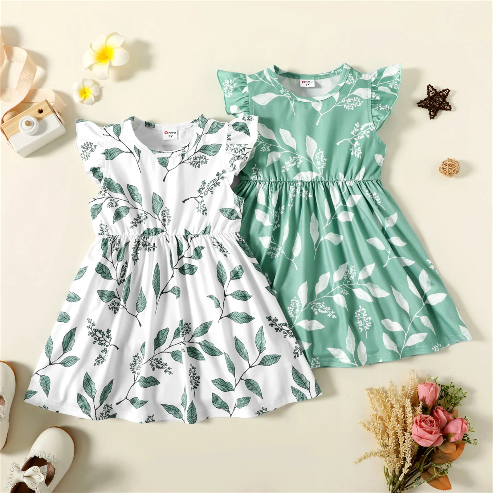 

PatPat Summer Lovely Baby Girl Designer Clothes Kids Toddler Floral Leaf Print Flutter-sleeve Dress Cute Outfits