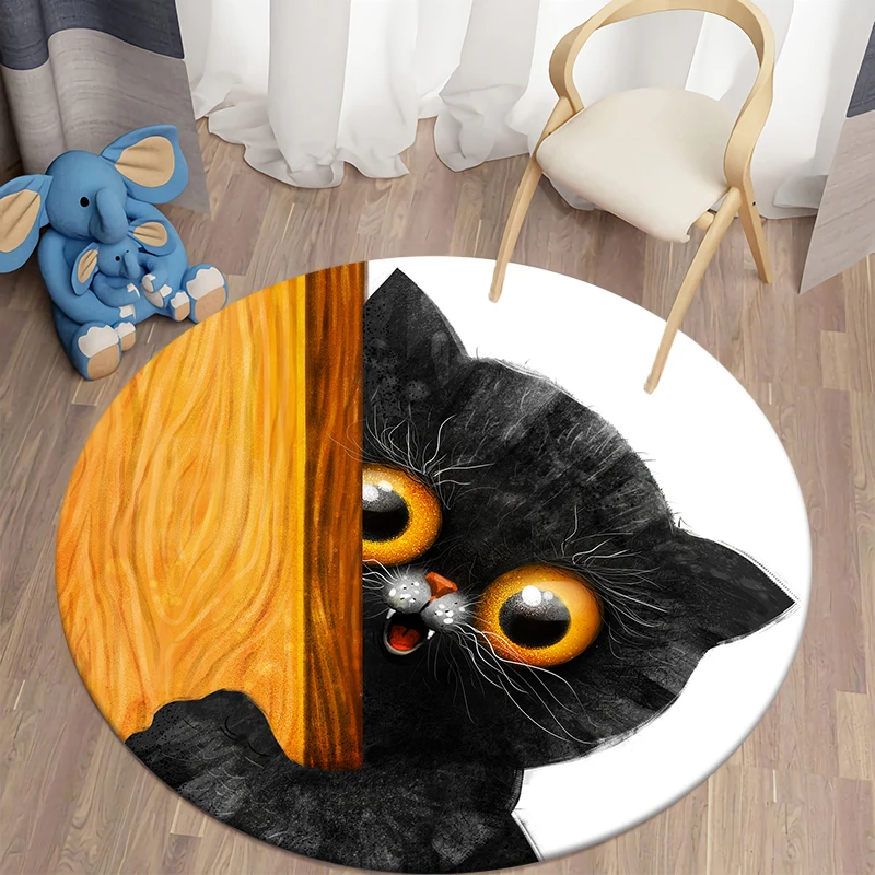 Black Cat Kawaii Printed Round Carpet Camping Picnic Mats Anti-Slip Rug Yoga Mat E-sports Carpet Sofa Decoration,Non-slip Mats
