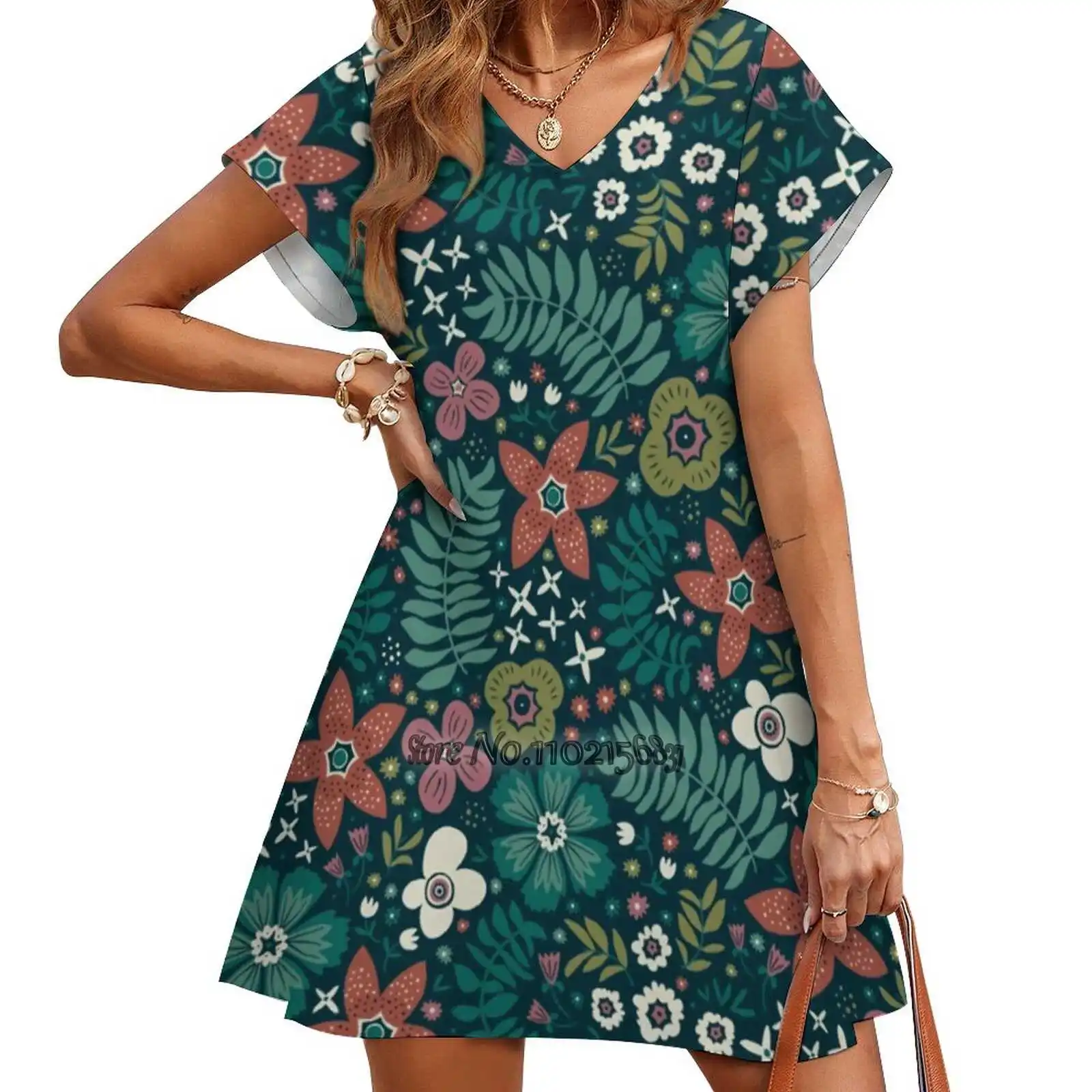 

Secret Meadow Loose V-Neck Skirt Sexy Short Sleeve Skirt Loose A-Line Dress Light And Breathable Dress Floral Pattern Surface