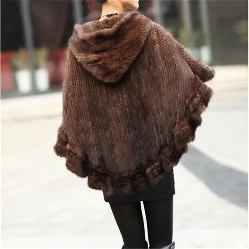 High Quality Mink Fur Hand Knitted Women's Real Fur Coats Hooded Natural Fur Jackets Ponchos And Capes Black/Brown DA-68
