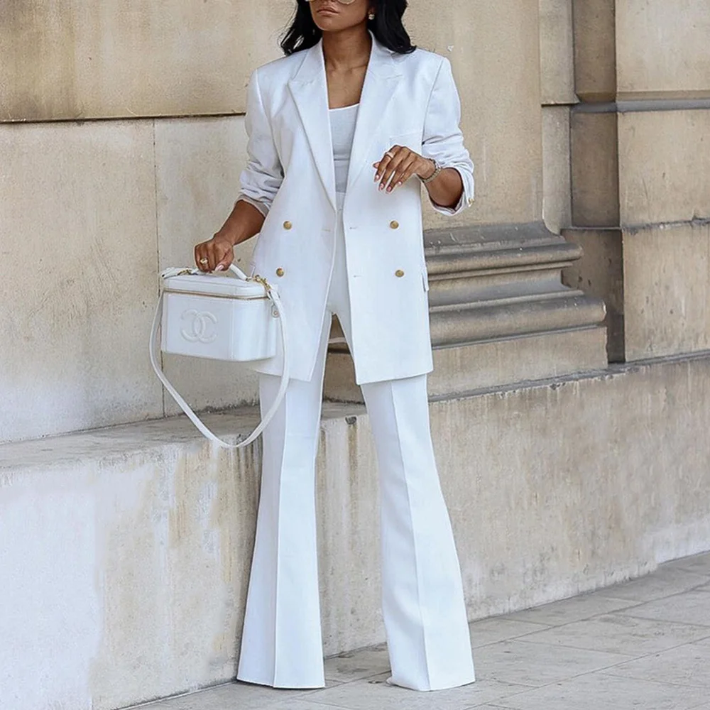 

Autumn Elegant Women's Tracksuit Double Breasted Blazers and Straight Flare Pants Suit Matching Two 2 Piece Set Outfits Female