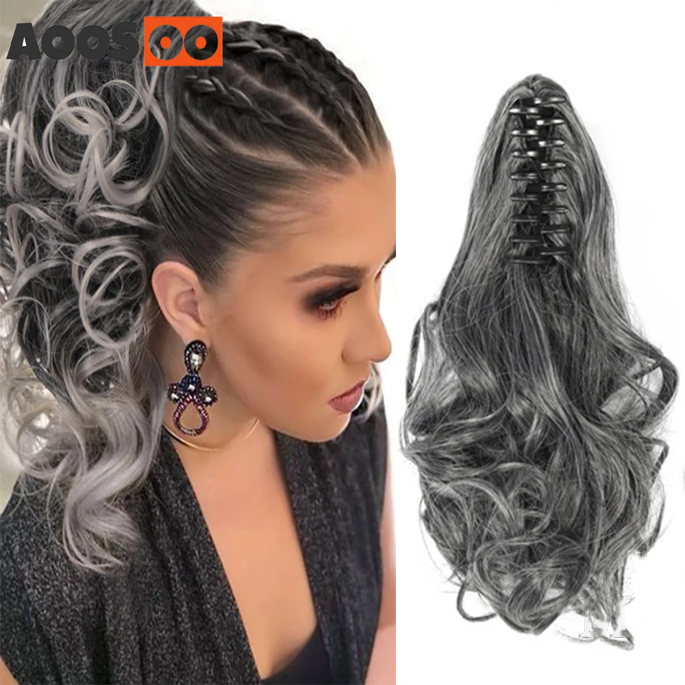 Short Wavy Synthetic Ponytail for Women Black Grey Ombre Claw Clip in Ponytail Hair Extensions Daily Use Party Fake Hairpieces