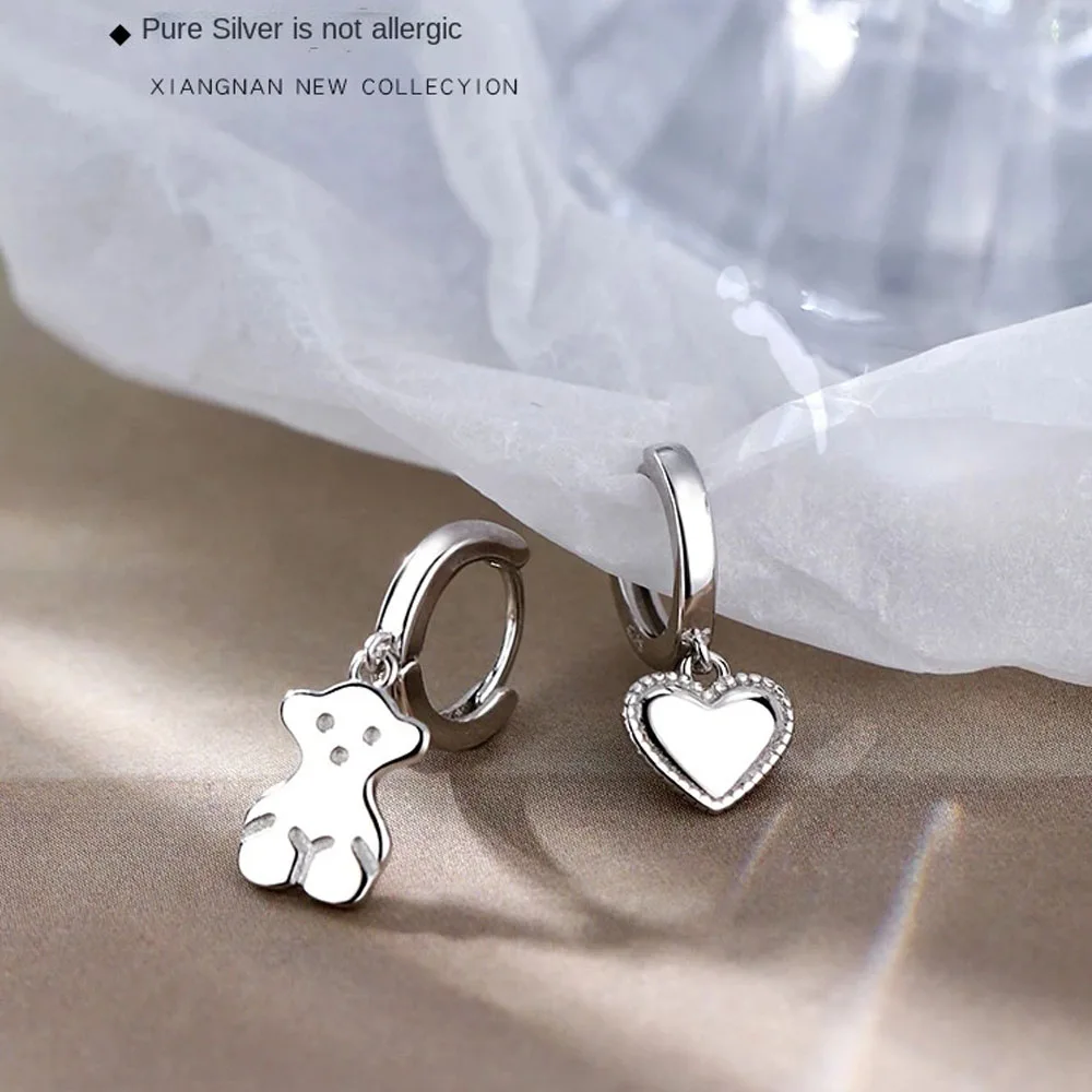 

925 Sterling Silver Hypoallergenic Bear Love Earrings Fashion Elegant Ear Buckle Asymmetric Earrings Female Women Suit Jewelry