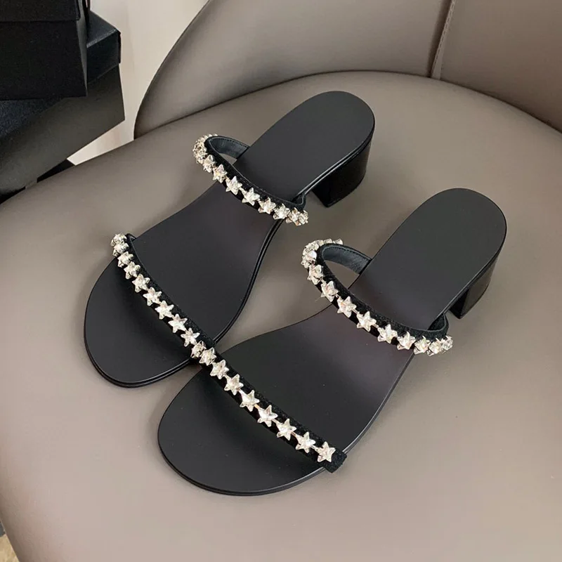 

Fashion Women's Slippers Shine Rhinestone High Heel Low Heel Design Fairy Shoes Concise One Word Belt Grace Feminino Shoes