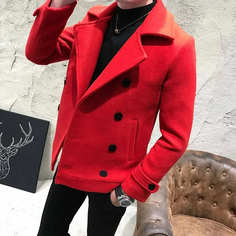 

Autumn Winter Men Coat Thick Short Paragraph Solid Color Casual Woolen Double-Breasted Trench Jacket