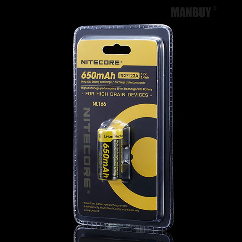 NITECORE 2 штуки NL166 650 мА/ч 3 7 V 2.4Wh Защищенный Литий Перезаряжаемые RCR123A 16340 18350