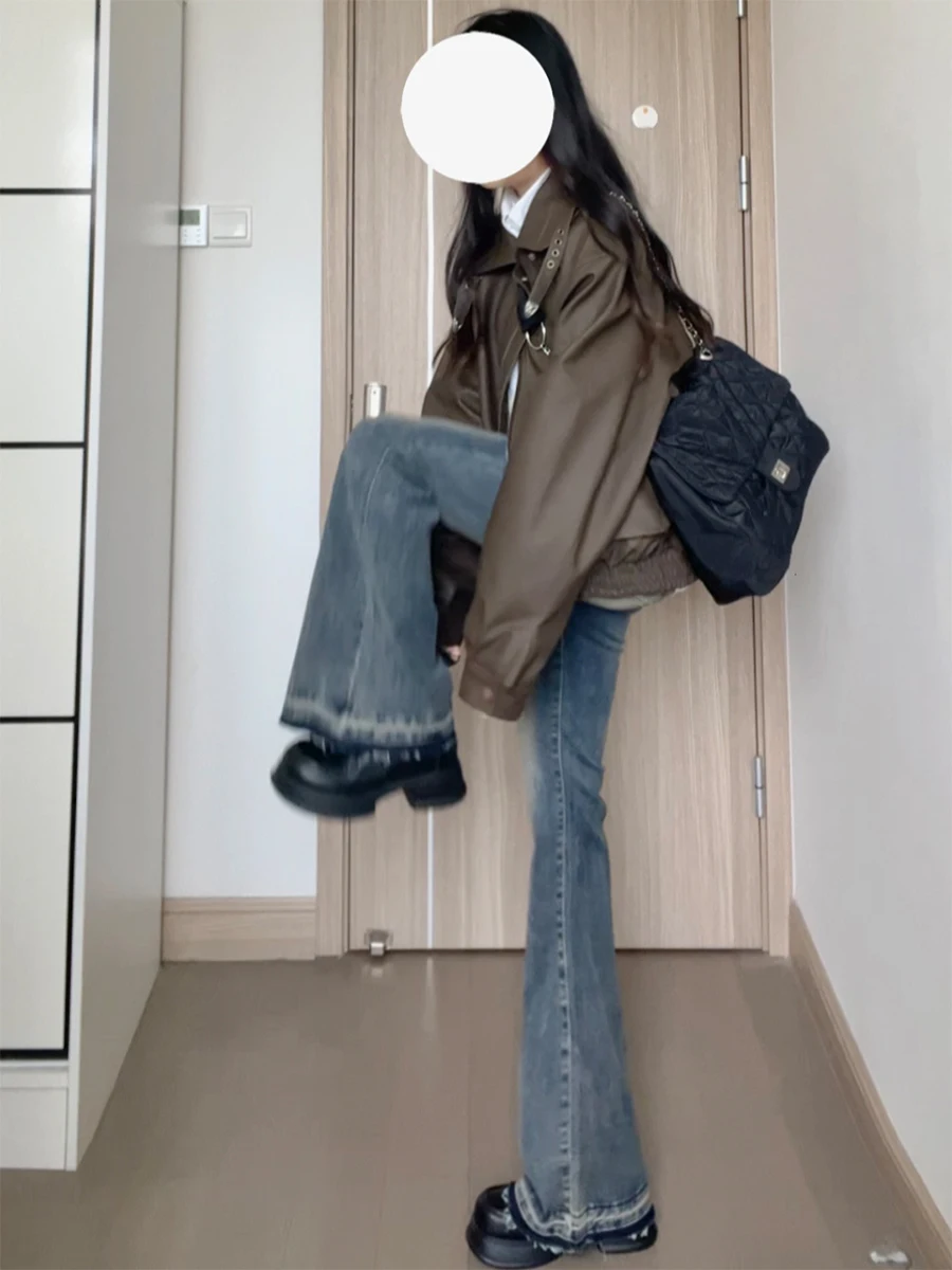 American vintage Design PU Leather Coat Outerwear Women Autumn and Winter New Sweet Cool Gyaru Motorcycle Clothing Loose All-...