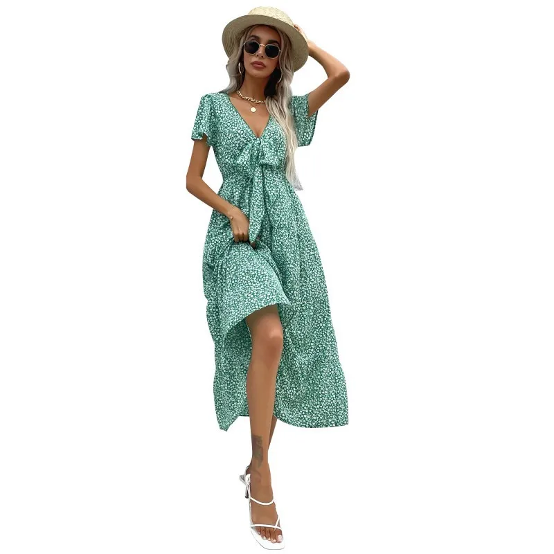 

Green Bohemian Floral Print Woman Summer Maxi Dress V Neck Bow Lacing Lady Short Sleeve Elegant Sundress For Women