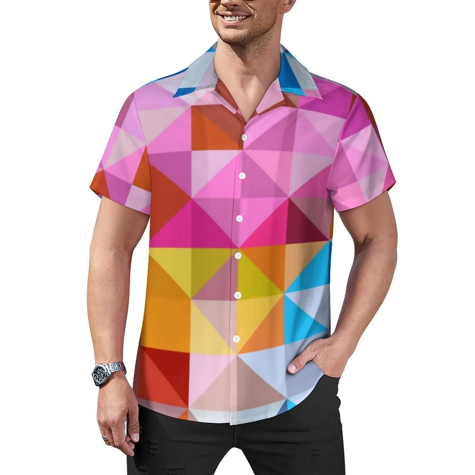 

Красочная Женская Повседневная рубашка с треугольным принтом Омбре, гавайская стильная пляжная рубашка большого размера с коротким рукаво...