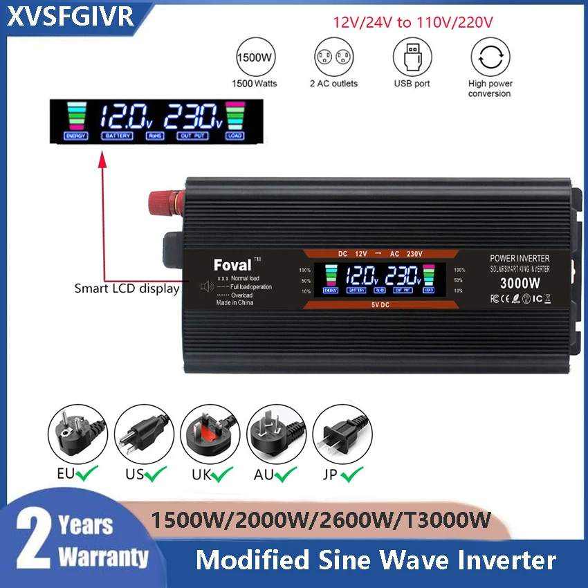 

3000W LCD Car Inverter 12V to 110V 220V Portable Power Inverter European Standard 1500W 2000W 2600W LED Voltage Display