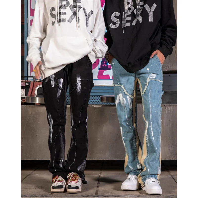 Streetwear Men 2022 New Speckle Graffiti Splicing Casual Jeans Personality Sense of Design Drawstring Trousers Autumn Female