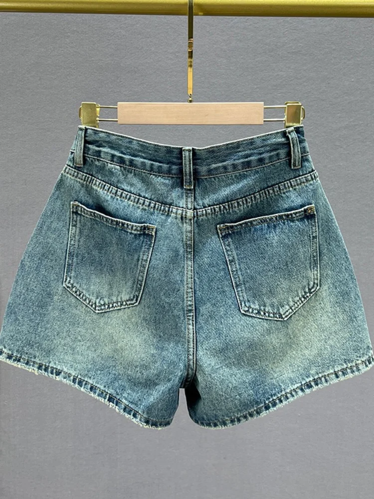 Denim Shorts Women's Culotte 2023 Spring Summer New High Waist Exquisite Rhinestone Wide Leg Short Pants Booty Shorts Female