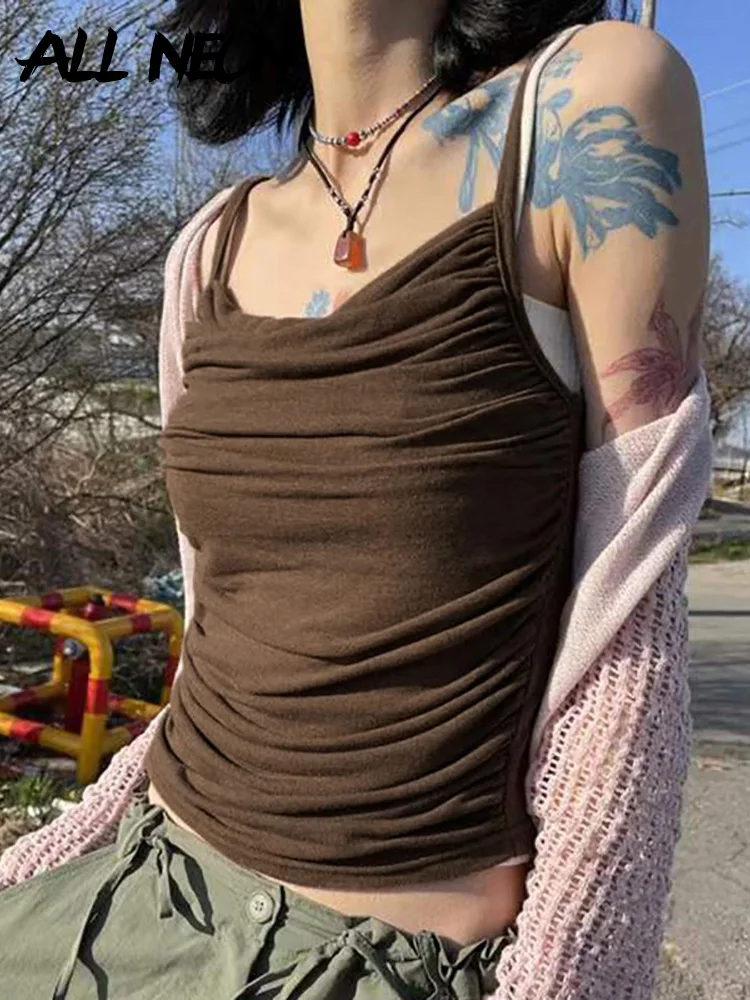 

ALLNeon Y2K Fairy Grunge Ruched Backless Brown Cami Tops 90s Retro Sexy Cowl-Neck Spaghetti Strap Summer Tanks Vintage Outfits