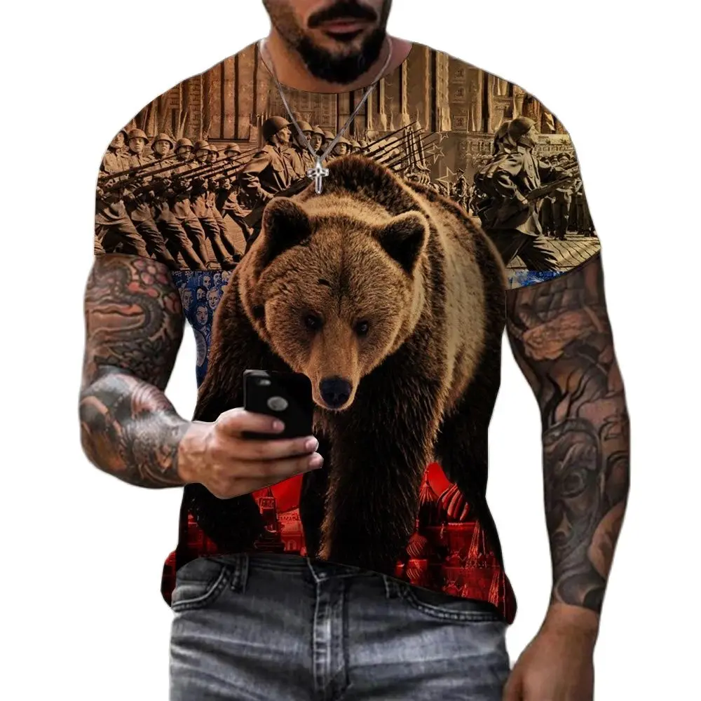 

Men's T Shirts Russia Bear 3D Print T-Shirt Summer Round Neck Russian Flag Short Sleeve Mens Clothing Streetwear Oversized Tops