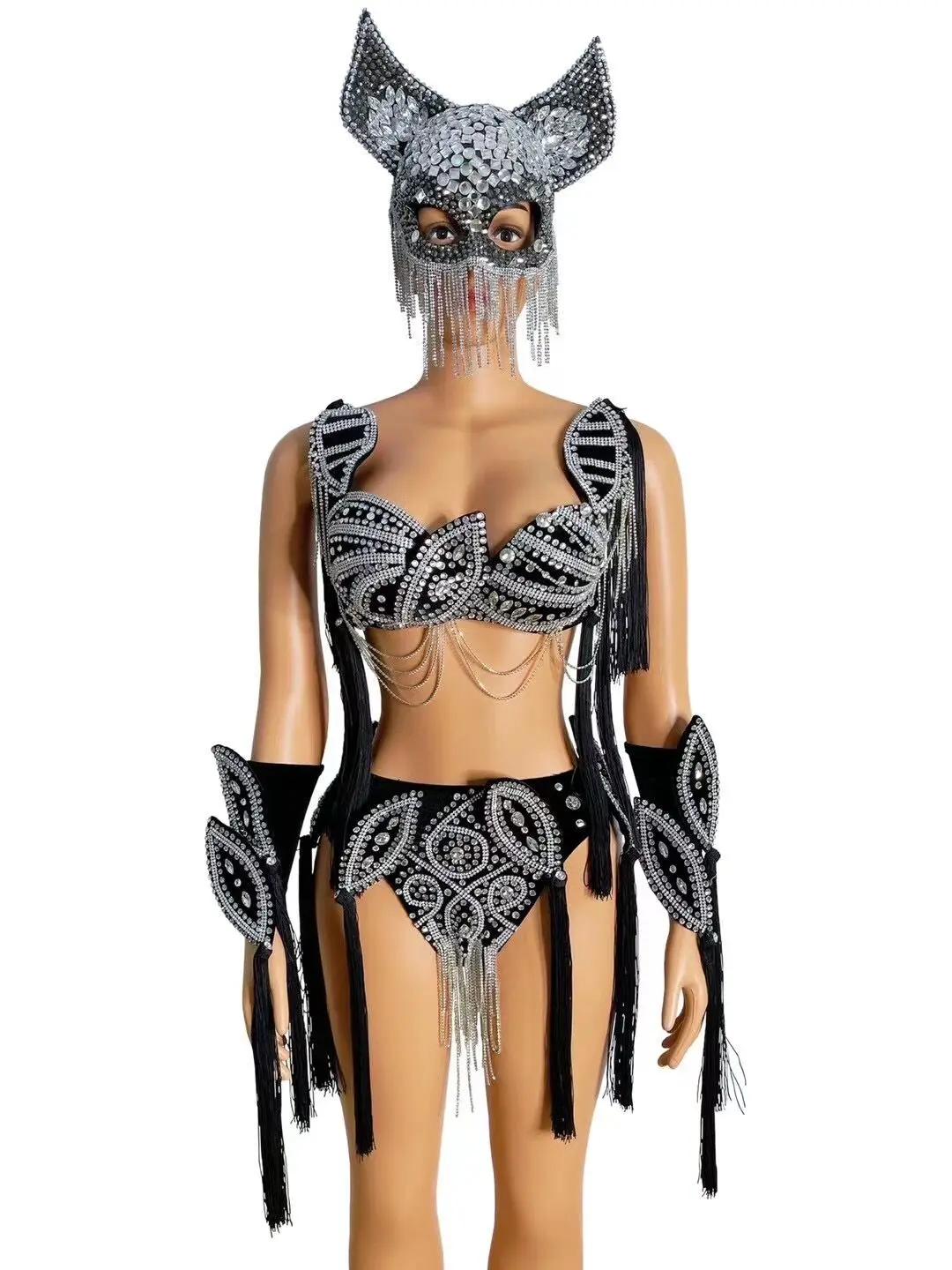 

Silver Rhinestones Black Tassels Bra Short Outfit Set Summer Bikini Show Prom Party Evening Female Singer Costume Set