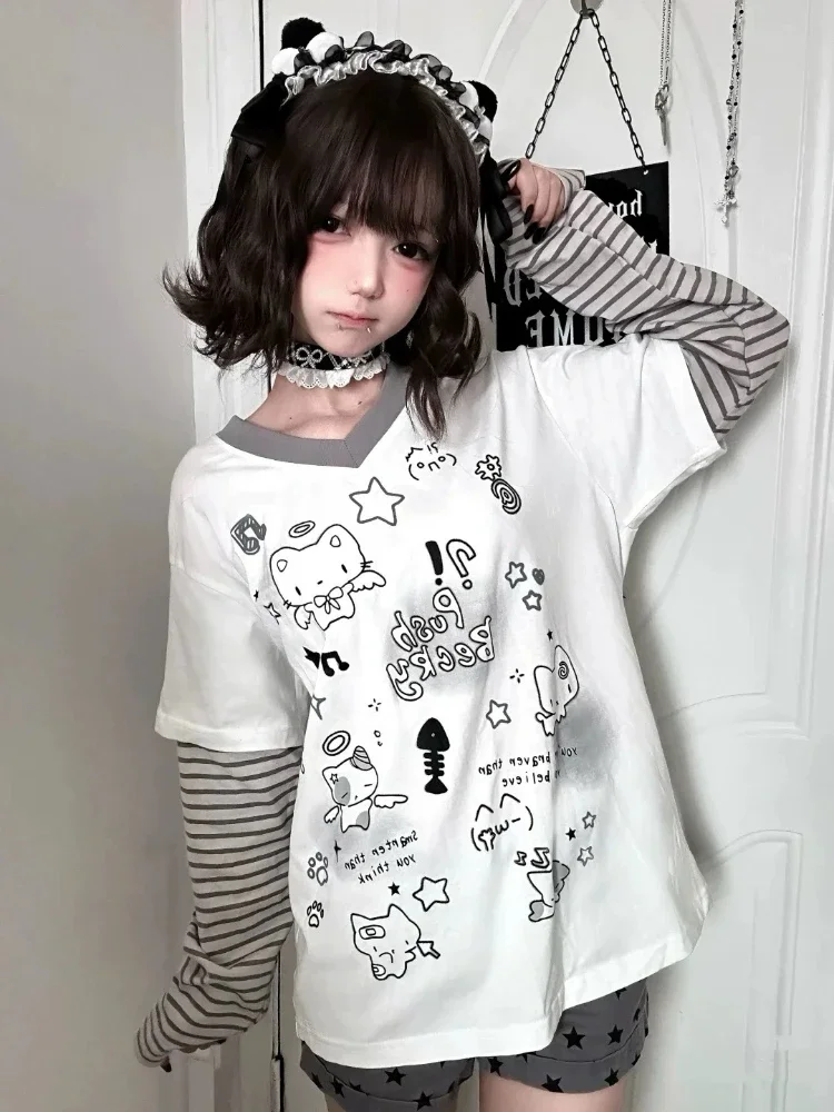 Фото Новые Y2k белые Kawaii Juminocore женские поддельные футболки из двух предметов милые полосатые футболки с длинными рукавами в японском стиле свободные эстетические №3