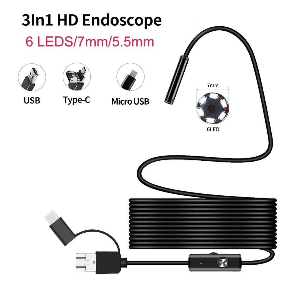 mini endoscope camera waterproof ip67 adjustable soft hard wire 6 leds 7mm automotive endoscope camera for android usb phone pc free global shipping