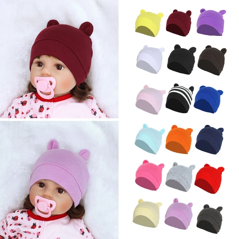 

0-3 Months Baby Cute Bear Ears Hat Soft Cotton Beanie Cap Headwear Infant Solid Color Bonnet Hospital Hat Nightcap Spring Summe