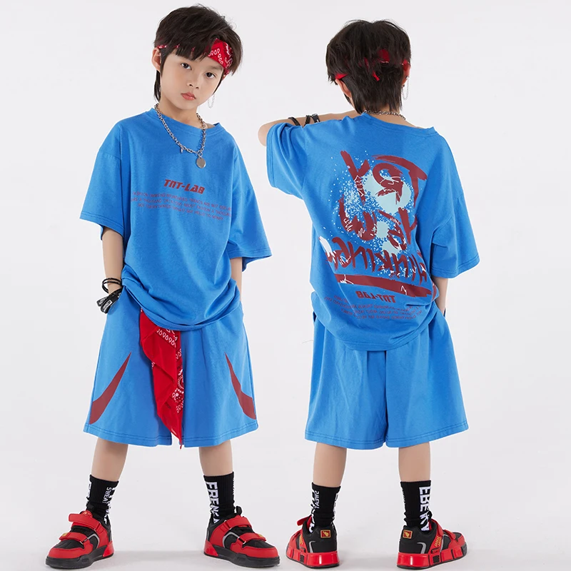 

New Jazz Modern Dance Rave Clothes For Kids Blue Loose Hiphop Sports Suit Boys Streetwear Girls Hip Hop Dance Costumes DN15413