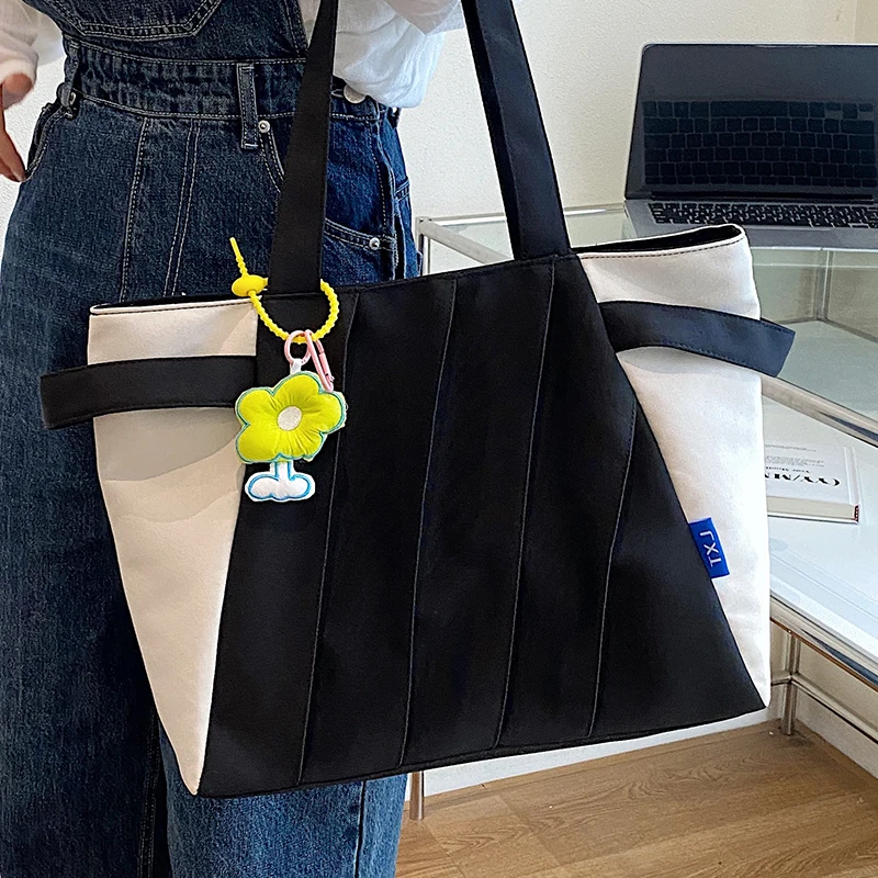 

Canvas Women Shoulder Bag Large Reinforced Contrast Color Simple Soft Chic Branded Ladies Tote Bags Eco-friendly Female Handbags