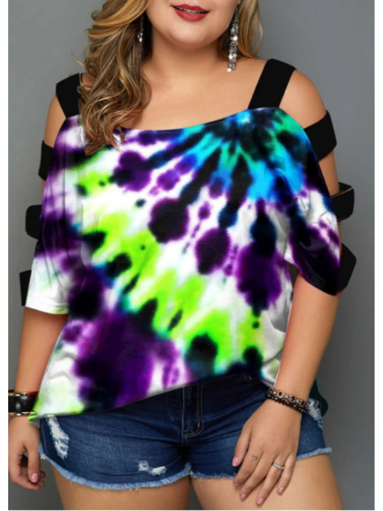 Large-size printed trapezoidal hollow-out off-the-shoulder coat plus color plus size clothing dames t shirt