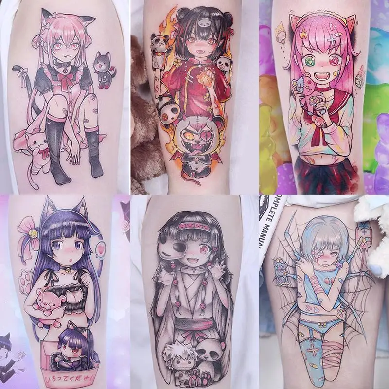 

2022 New Cute Anime Loli Girl Colored Tattoo Stickers Suit 9/pcs Anime Girl Temporary Tattoo for Woman Man Arm Body Fake Tattoo