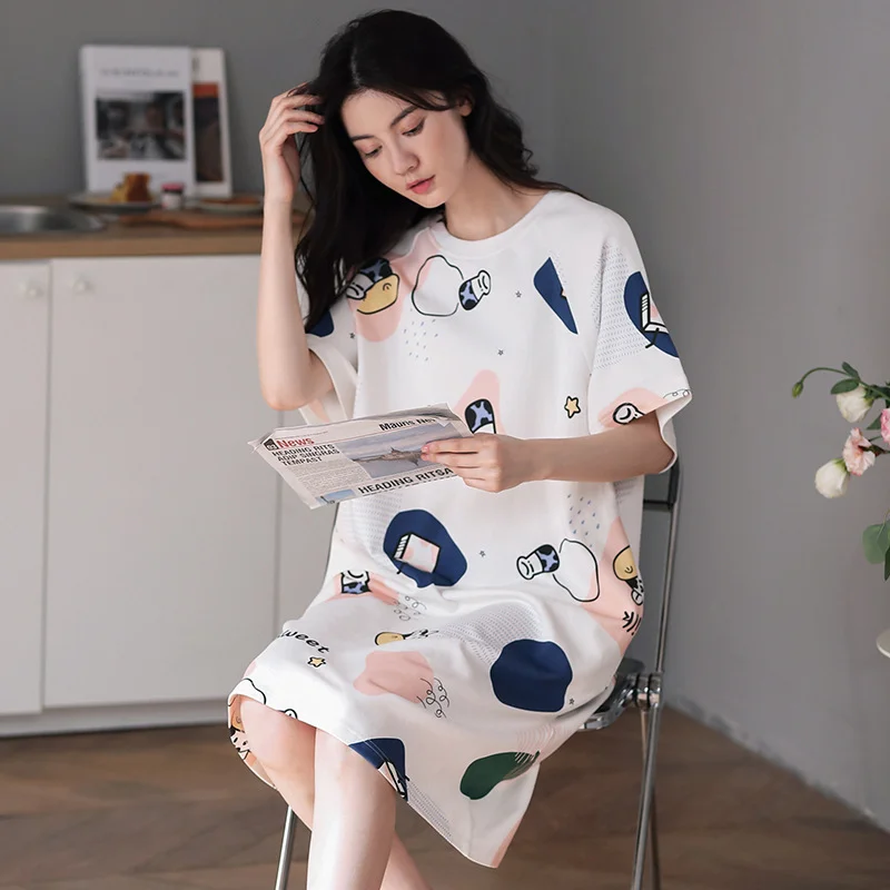 New summer women's pajamas cute short-sleeved nightdress cartoon large size summer dress home service can be worn outside