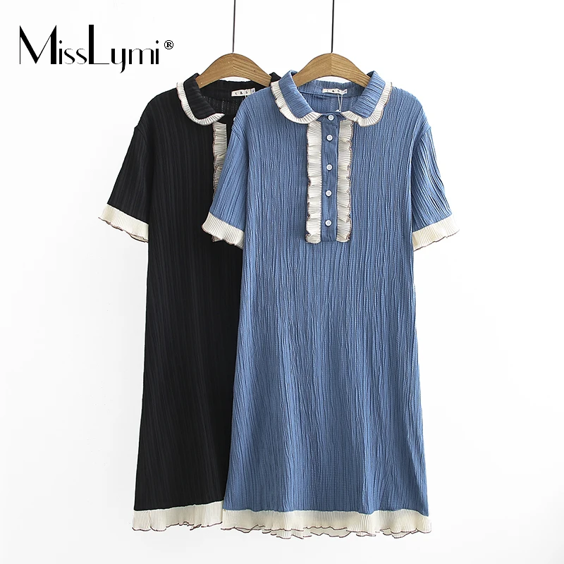 

MissLymi XL-4XL Plus Size Women Sweets Peter Pan Collar Sweet Holiday Dress Summer 2022 Harajuku Short Sleeve Ruffle Midi Dress
