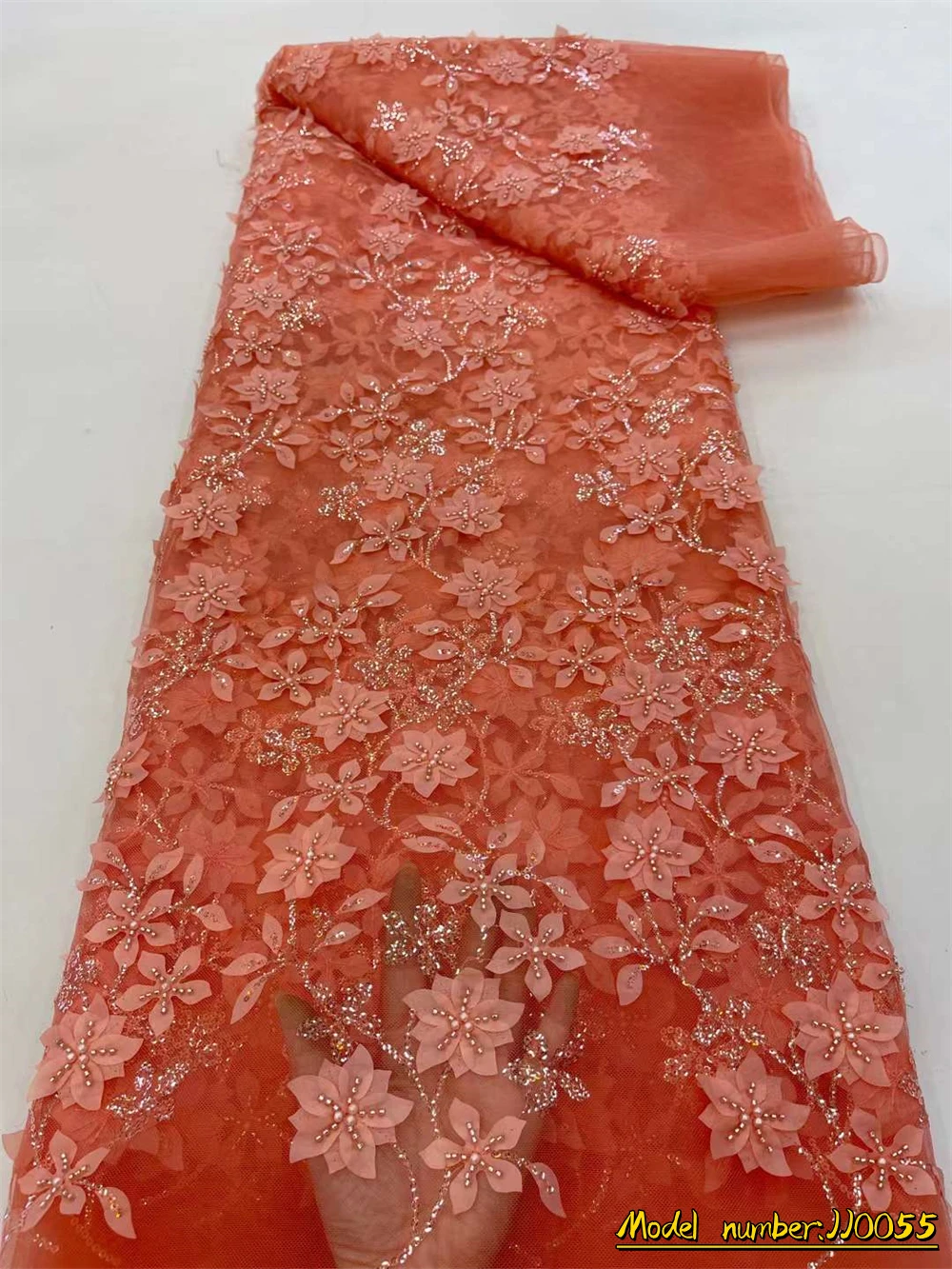 

3D Bead Sequins Lace Fabric 2022 High Quality Mesh Embroidery Applique 3D Flower Tulle Nigerian Lace Fabrics For Bridal / JJ0055