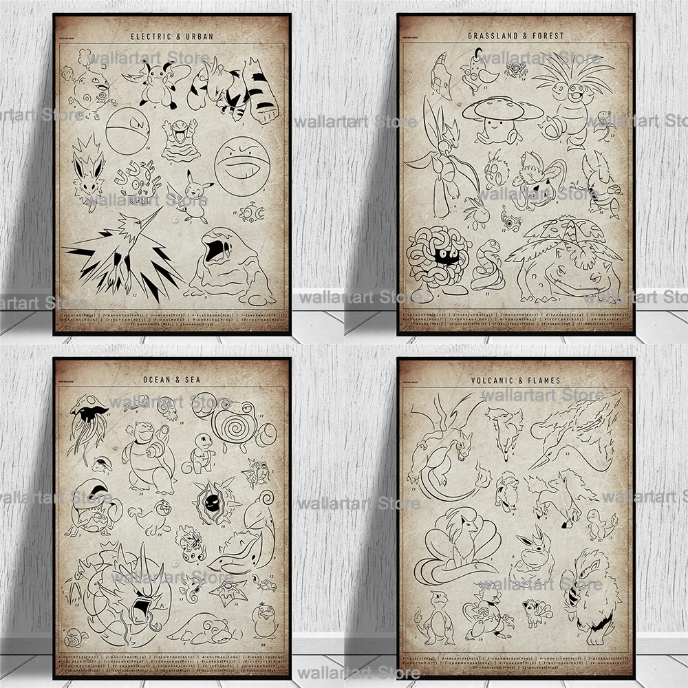 

Покемон Пикачу в стиле ретро, светлый постер с изображением лески, Картина на холсте, декор для гостиной, настенные художественные принты