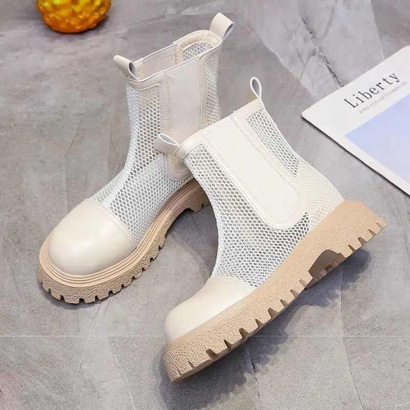 2022 New Super High Heel Fashion Net Boots Women  Zipper Ankle Boots Spring Summer Thick Heel Round Toe Boots