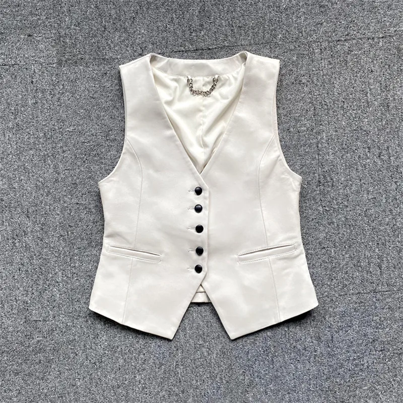 2022 New Style Women's Fashion Single Breasted Genuine Sheepskin Leather  Vest