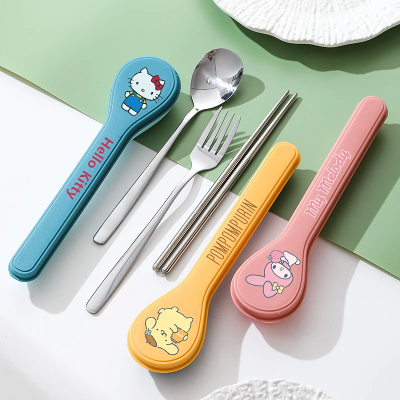 

Anime Sanrio Portable Tableware Hello Kittys Accessories Cute Kawaii Spoon Fork Chopsticks Camping Cutlery Box Toy for Girl Gift