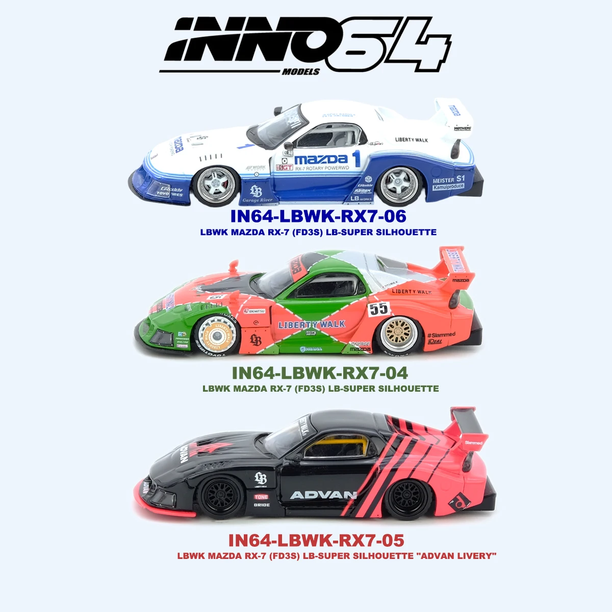 Фото INNO64 1:64 LBWK Mazda RX-7 FD3S 3 варианта исполнения: белый, синий # 1 / Зеленый апельсин # 55 / Черно-красная модель автомобиля из литого металла в наличии №2