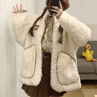 deeptown kawaii women fleece jacket korean fashion harajuku preppy zipper lambswool coat female cute top streetwear thick winter