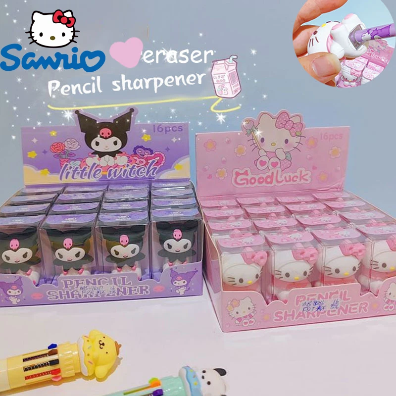 

Sanrio Hello Kitty Kuromi Melody Pencil Sharpener Eraser 8/16pcs Creative Cartoon Kawaii Stationery Cute Students School Supply