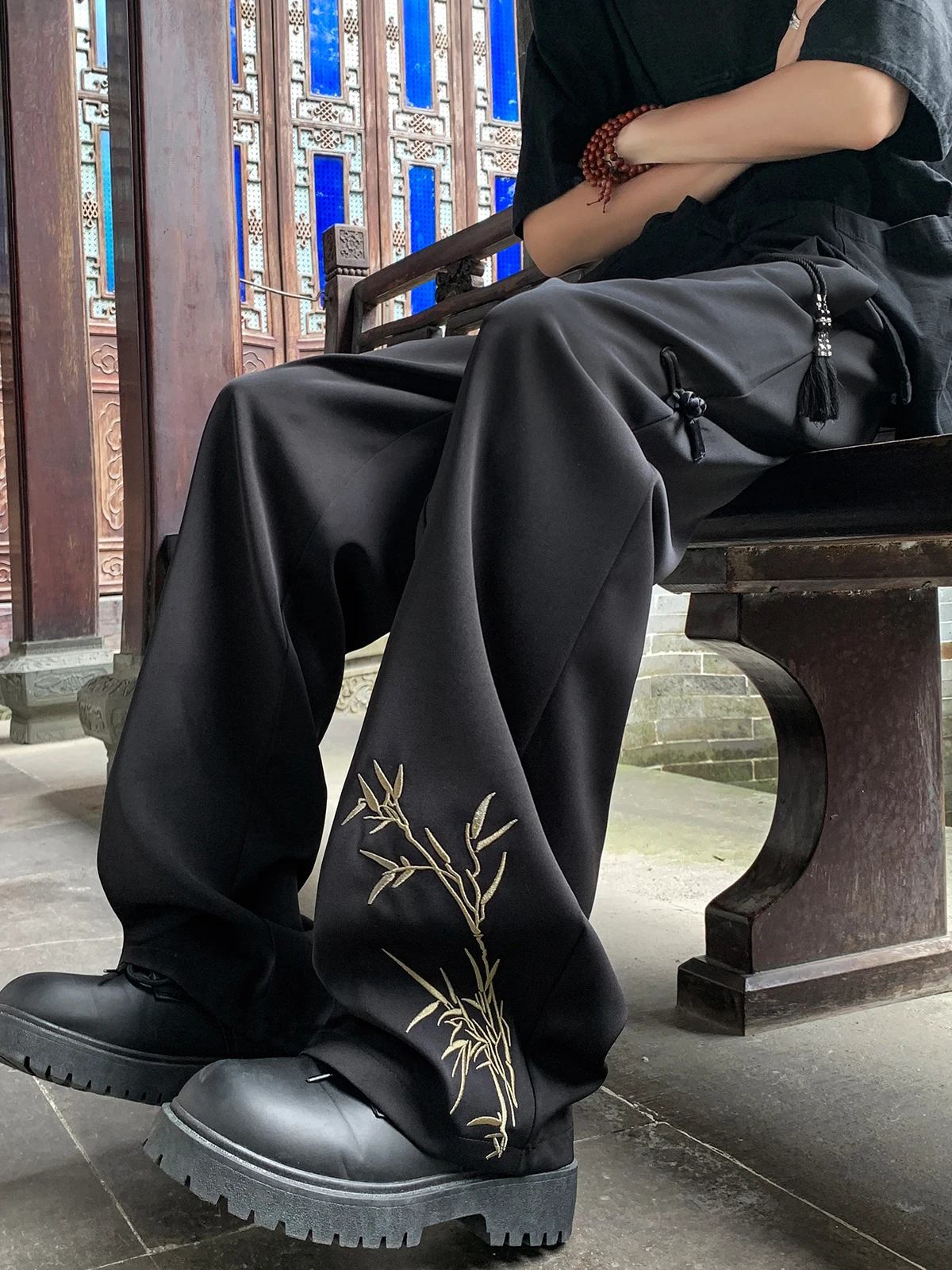 Летние тонкие костюмные брюки с вышивкой мужские прямые повседневные модные