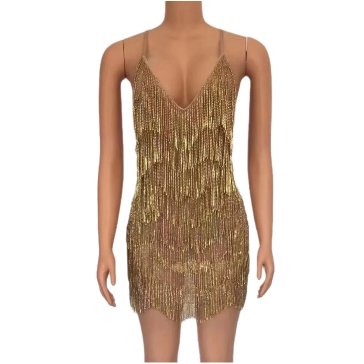 

Spaghetti Strap V-Neck Shining Gold Tassel Sexy Backless Dress For Women Jazz Latin Prom Clothing Nightclub Party Costumes