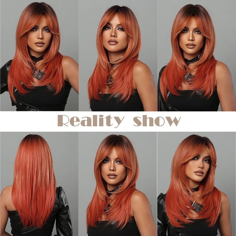 Orange Straight Synthetic Wigs Long Highlight Hair Wigs with Bangs for Black Women Cosplay Medium Wig Heat Resistant Daily Use