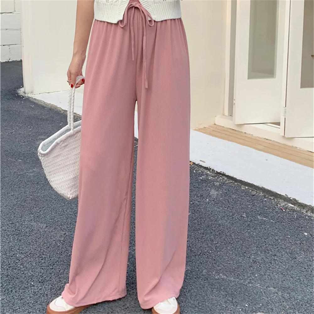 

PLAMTEE Women Wide Leg Trousers Thin Summer Casual 2022 Loose Elastic Waist Chic Straight Office Lady Work Wear New OL Pants