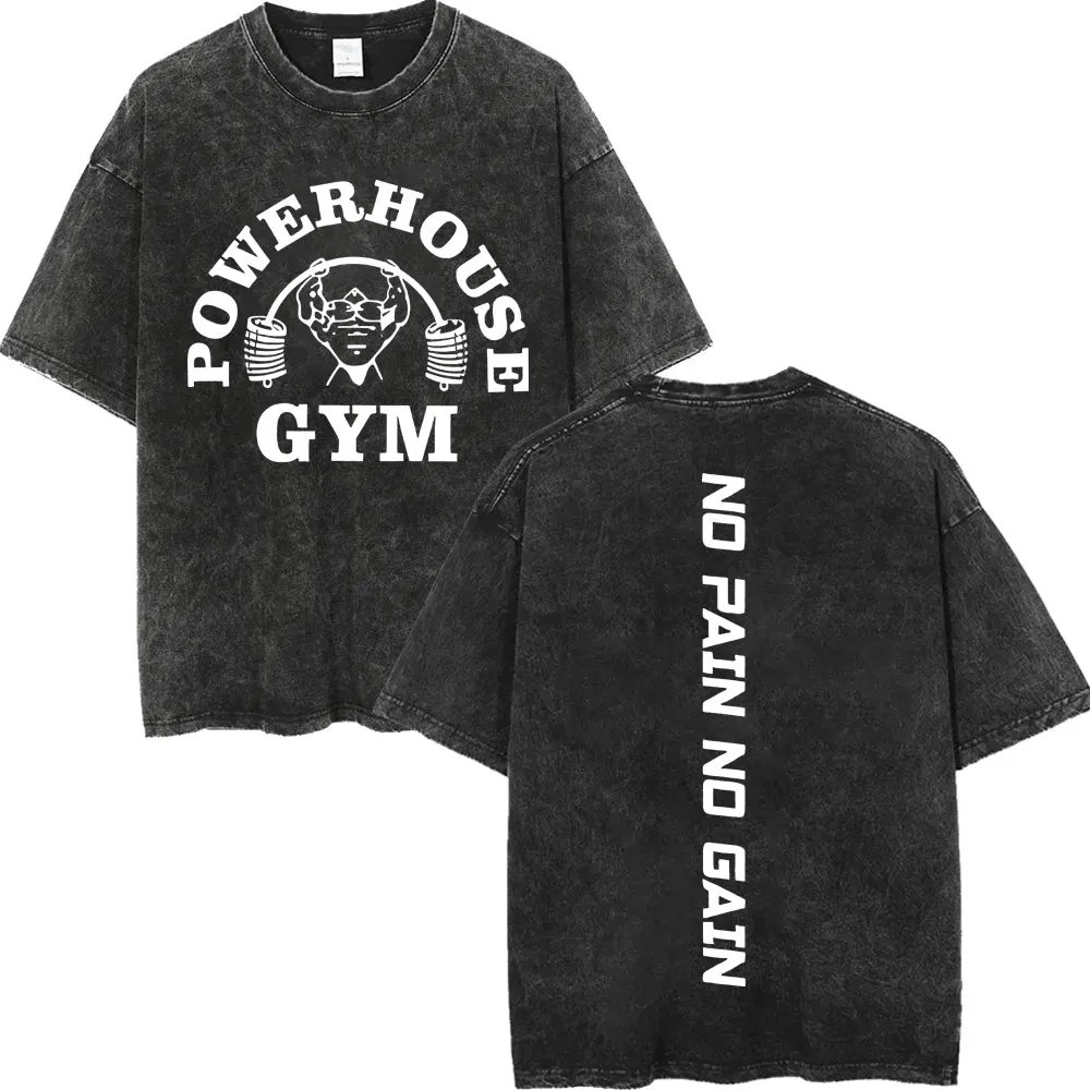 Фото Футболки с двусторонним принтом и логотипом Powerhouse Gym, модная потертая футболка в стиле ретро для мужчин и женщин, повседневные свободные хлопковые футболки №4