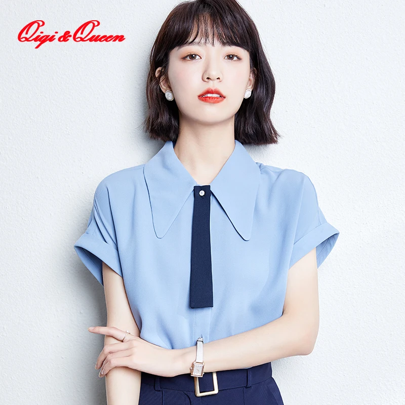 Qiqi&queen 2023 Blue shirt Women's Blouses Summer Korean Fashion Clothing Loose Short-Sleeved Chiffon Blouse Work Casual Tops